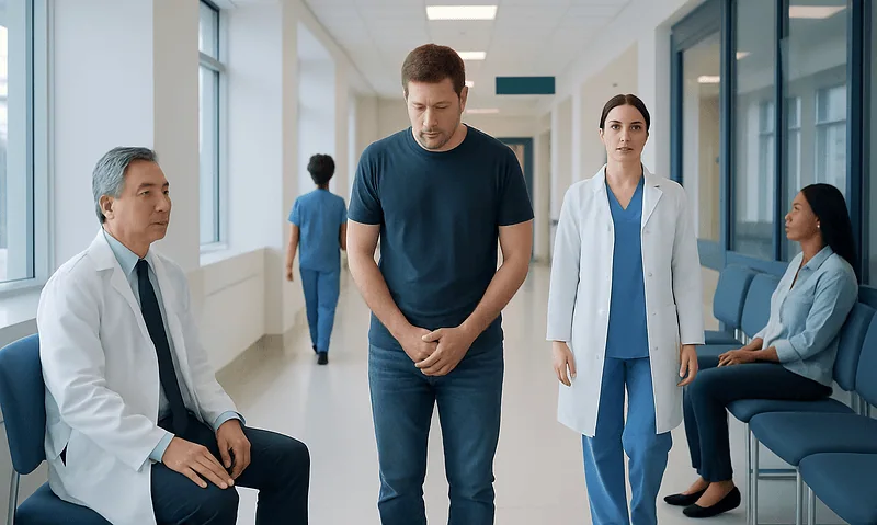 Man in hospital corridor with medical staff and patients.