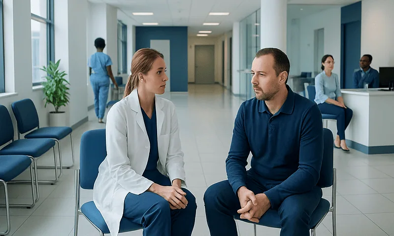 Testicular Atrophy — Explained by Medical Evidence, Not Myths 6 Doctor consulting patient in hospital waiting area.