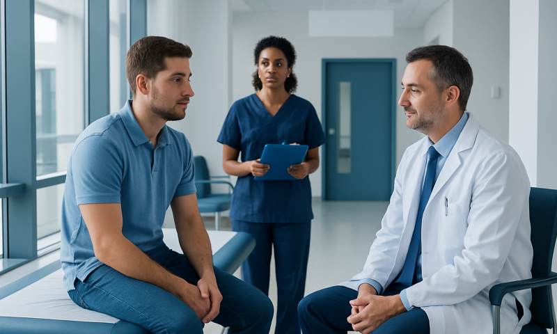 Doctor discussing testicular health with patient in clinic setting.