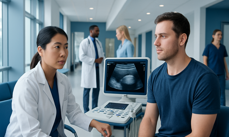 Doctor explaining ultrasound results to patient in hospital corridor.