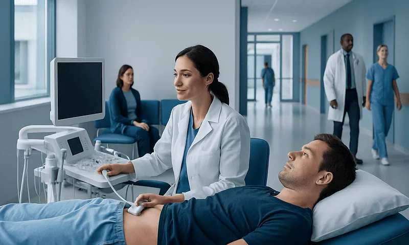 Doctor performing ultrasound on male patient in hospital setting.