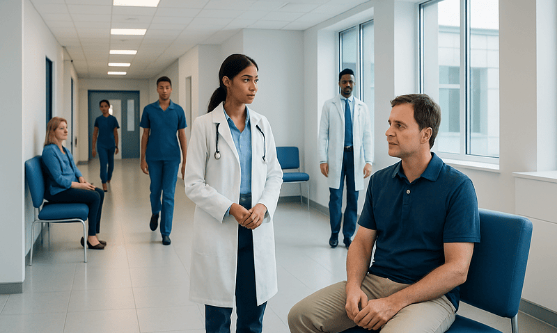 Medical team consulting patient in hospital corridor with large windows.