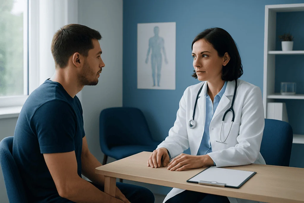 Doctor consulting male patient in a medical office at Acibadem Hospitals Group.