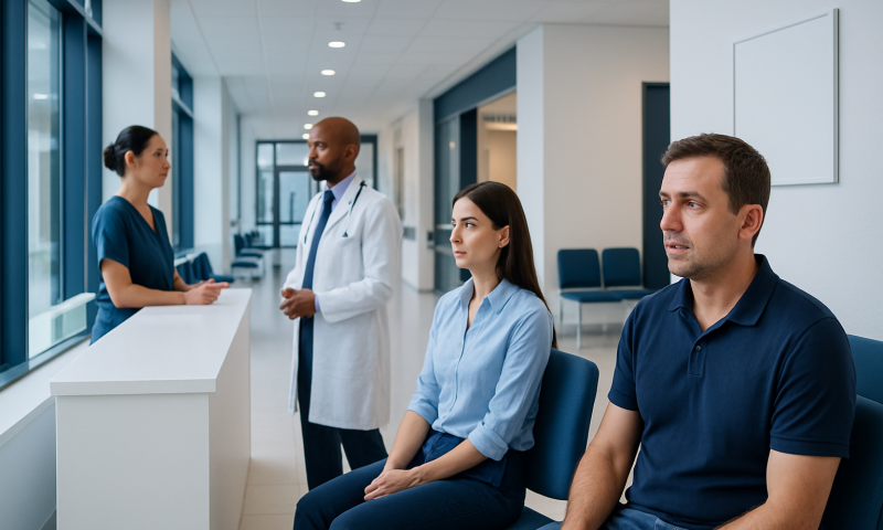 Patients waiting in a modern hospital reception area with medical staff.