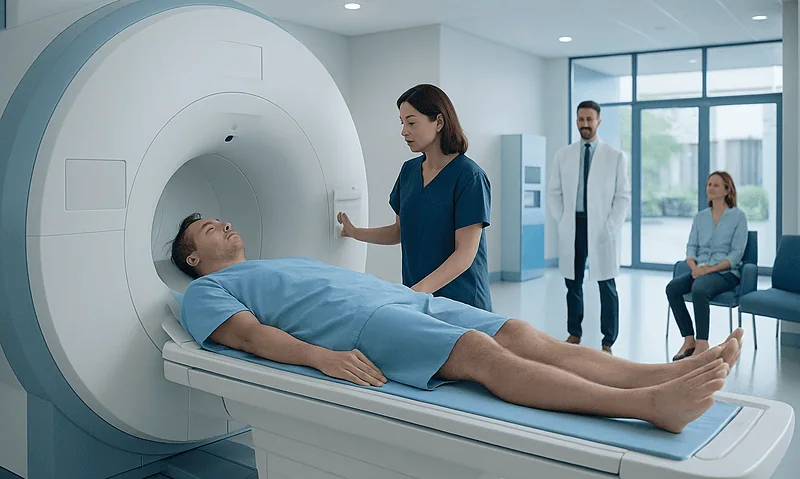 Tethered Cord MRI: Preparation, Procedure and Results 3 Patient undergoing MRI scan at Acibadem Hospital with medical staff present.