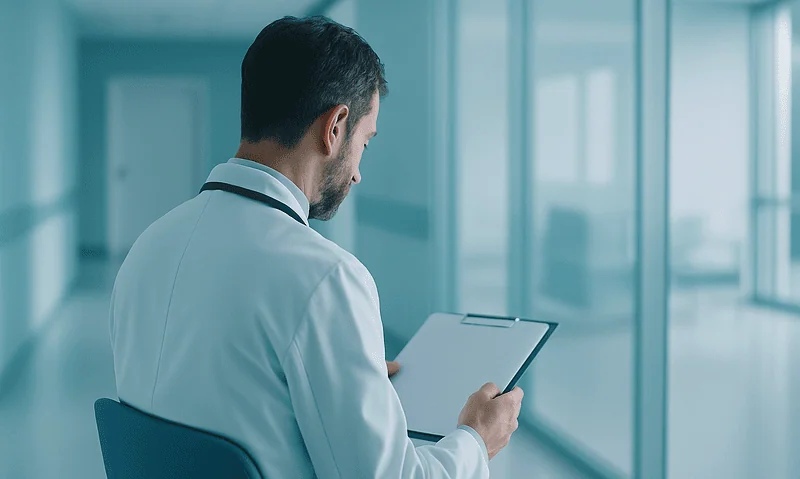 Doctor reviewing patient data on a tablet in a modern hospital corridor.
