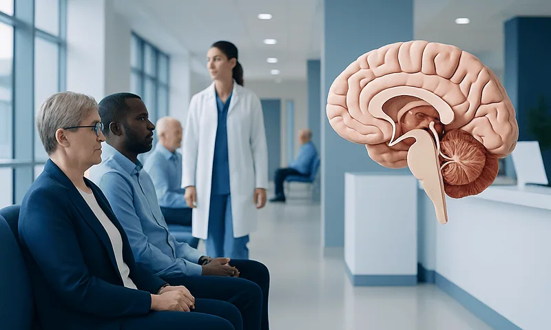Medical consultation about brain health with a 3D brain model in the background.
