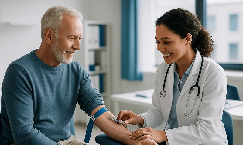 Doctor drawing blood from an elderly male patient in a clinical setting.