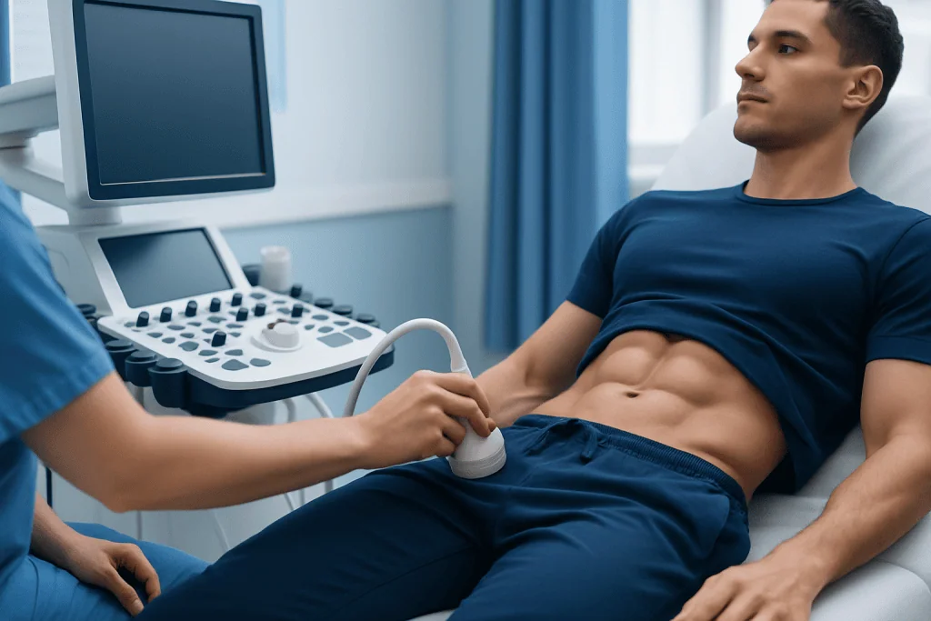 Male patient undergoing abdominal ultrasound at Acibadem Hospital.