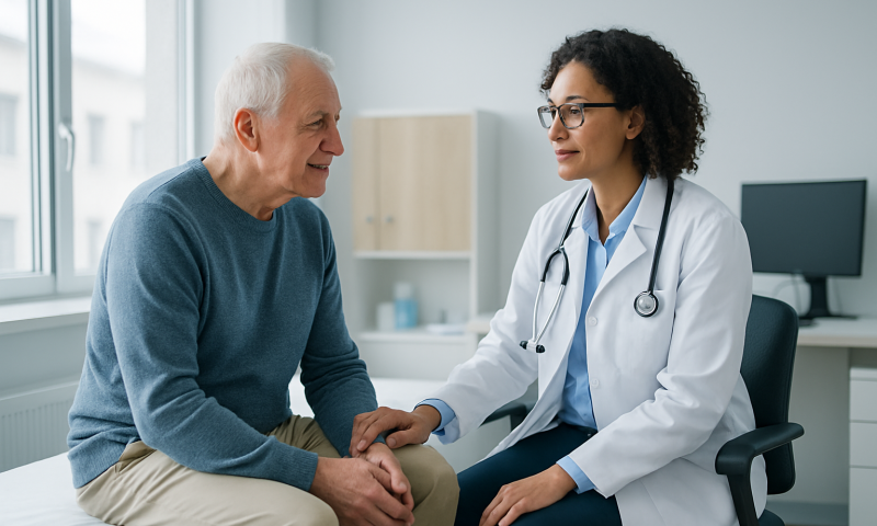 Doctor consulting with elderly male patient in a medical office.