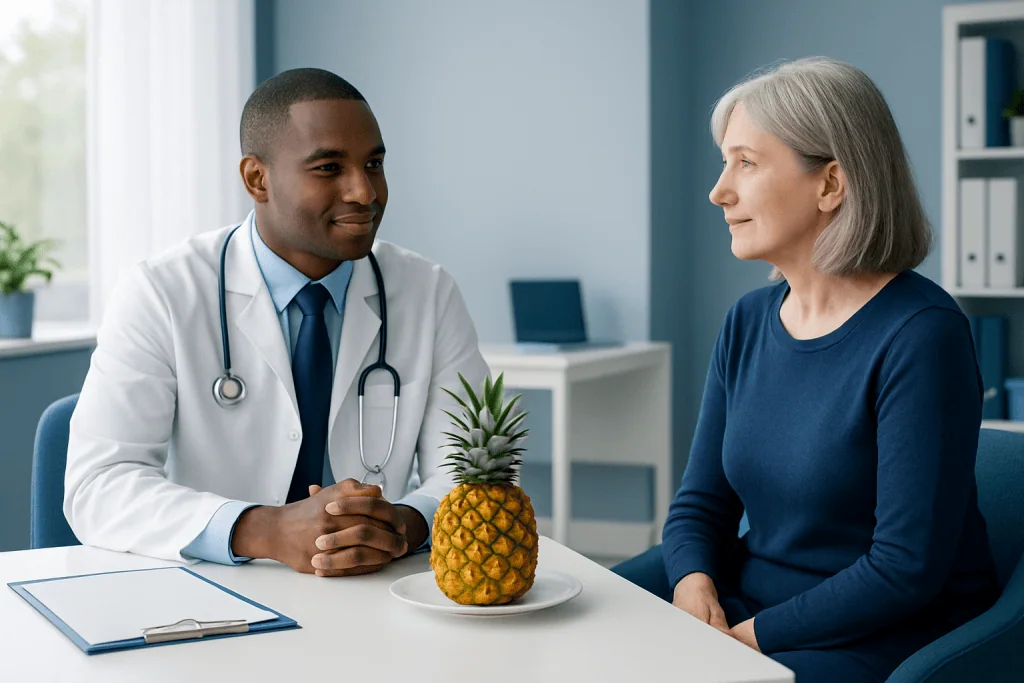 Doctor consulting with a patient about health with pineapple on the table.