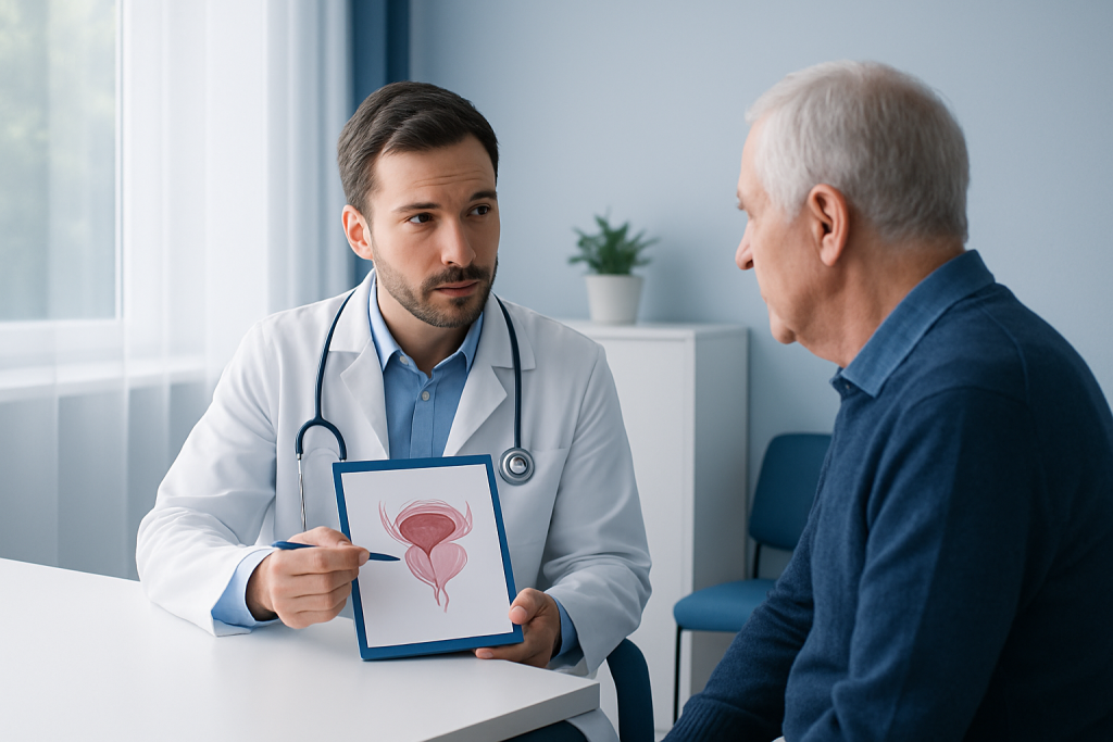 Urologist explaining prostate health to an elderly patient with diagram.