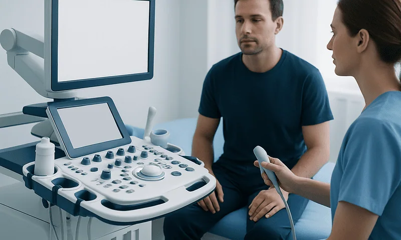 Doctor and patient during a medical consultation with ultrasound equipment.