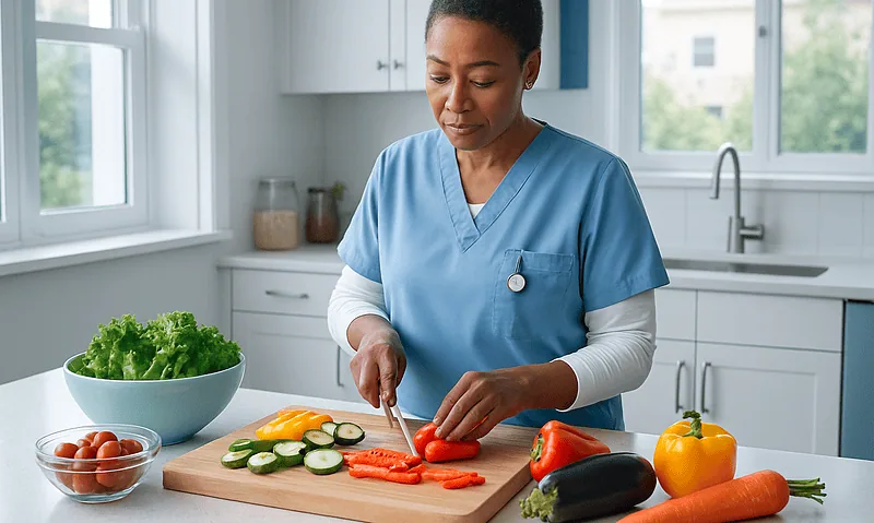 Healthcare professional preparing vegetables in a bright kitchen.