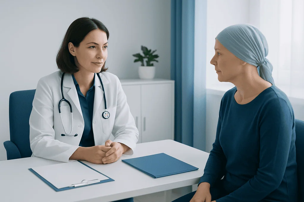 Doctor consulting a cancer patient in a clinical setting.