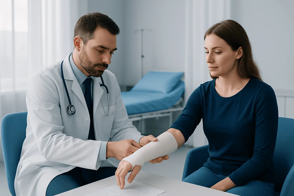 Doctor examining patient's arm in a hospital setting.