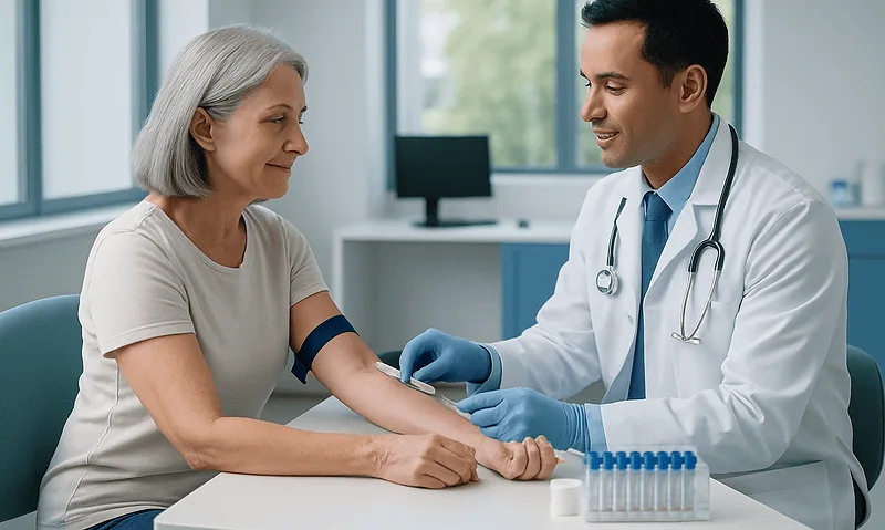 Doctor taking blood sample from an elderly woman in a hospital setting.