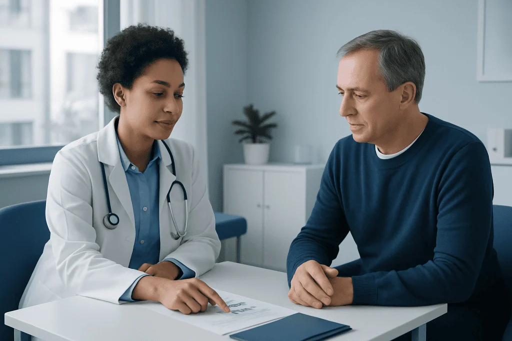 Doctor consulting with a patient in a medical office setting.