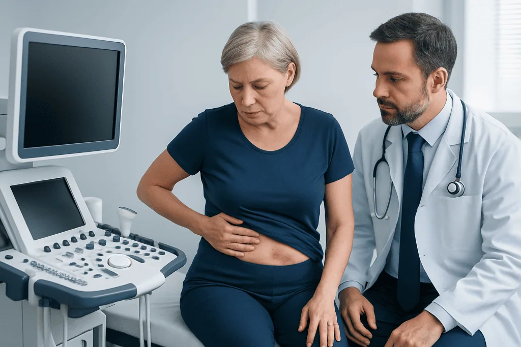 Doctor examining a woman with abdominal pain in a clinical setting.