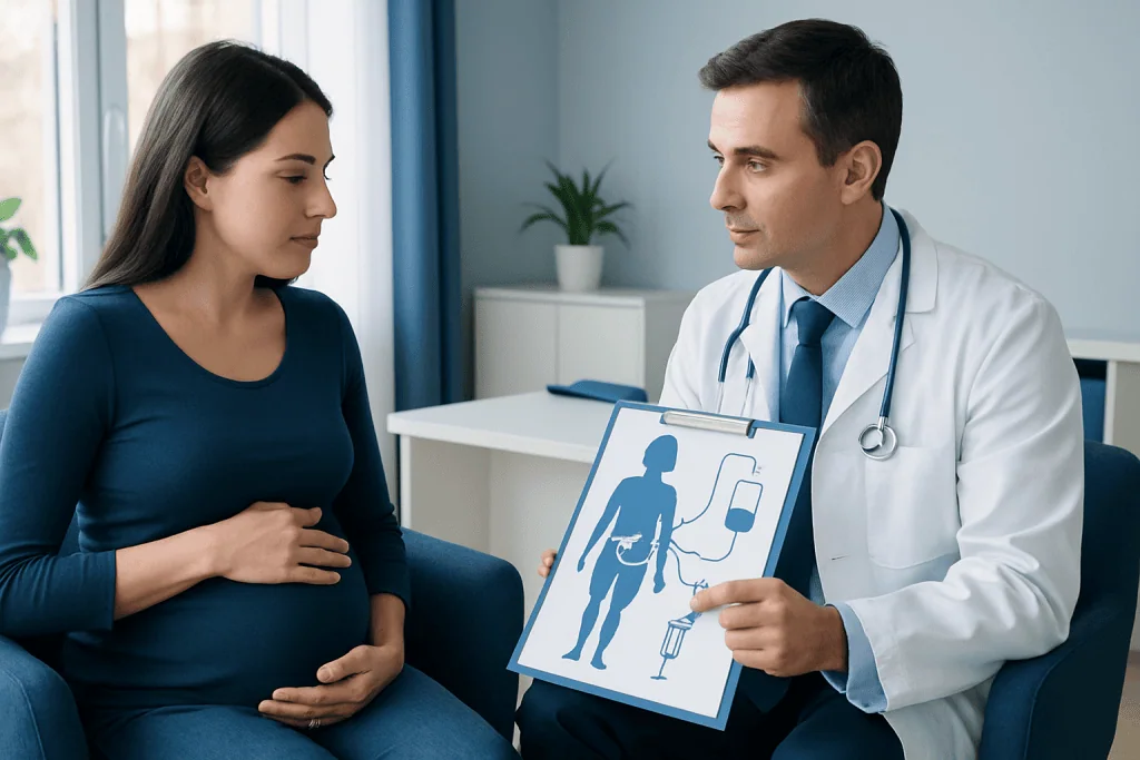 Doctor explaining cord blood transplant process to pregnant woman in consultation.