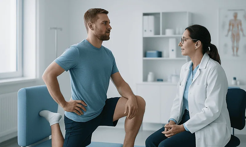 Physiotherapist consulting a male patient in a modern clinic setting.