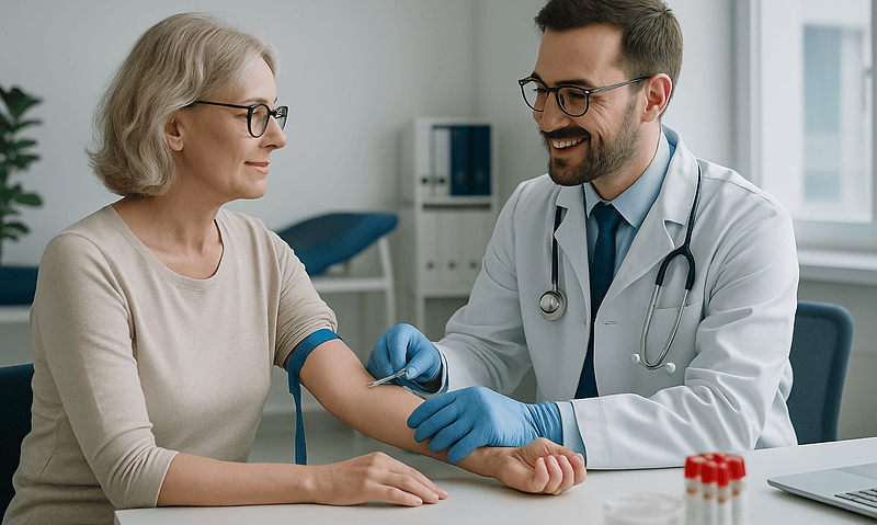 Doctor drawing blood from a patient in a clinical setting.