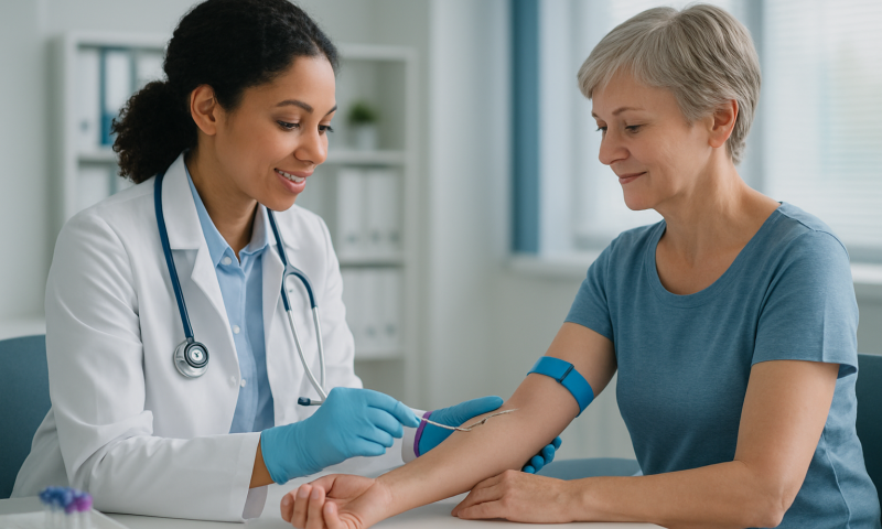 Doctor drawing blood from a patient's arm in a clinical setting.