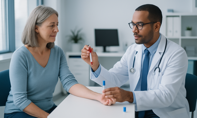 Doctor performing a blood test on an older woman in a medical clinic.