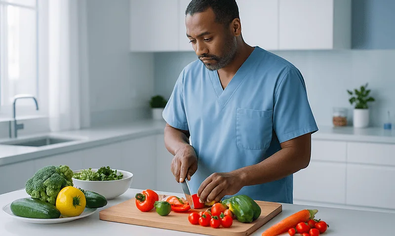 Male healthcare professional preparing fresh vegetables in a modern kitchen.