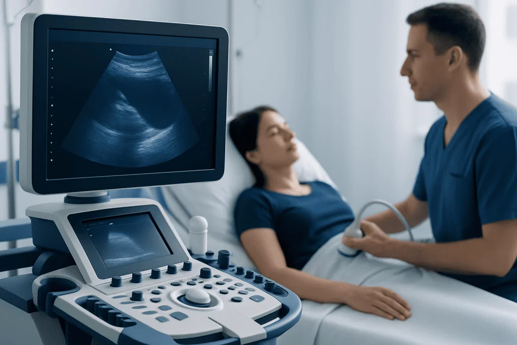 Medical ultrasound scan being performed on a patient in a hospital setting.