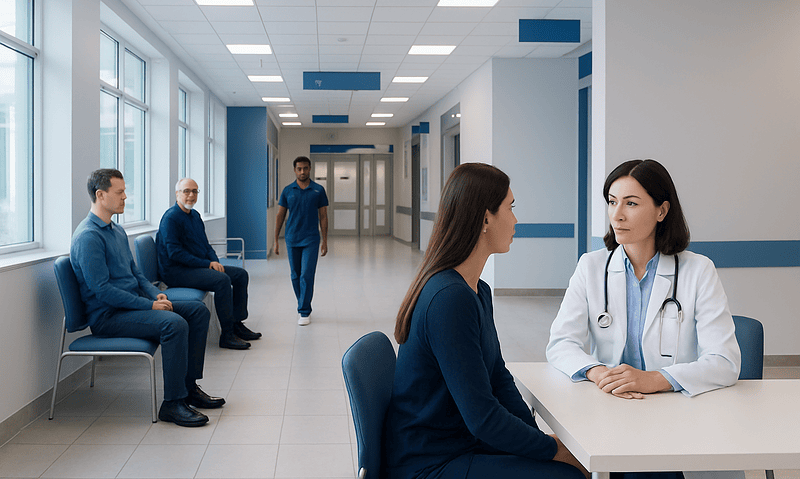 Health Library 7 Doctor consulting patient in hospital corridor with waiting area.