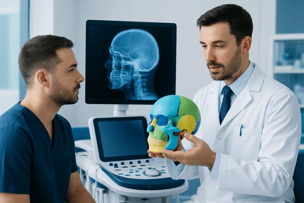 Doctor explaining skull anatomy to patient in a medical consultation.