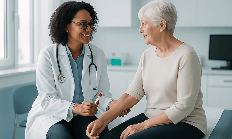 Doctor examining elderly patient in a medical consultation room.