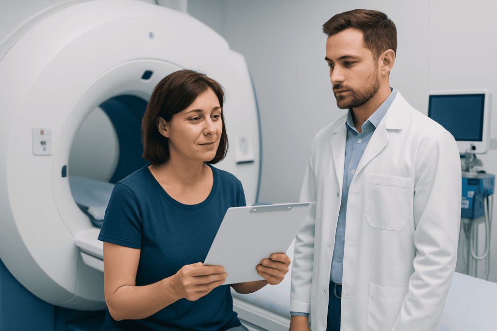 Medical professionals reviewing patient data in a hospital MRI room.
