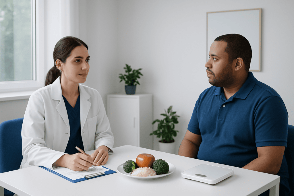 Doctor consulting patient during food screening at Acibadem Hospitals Group.