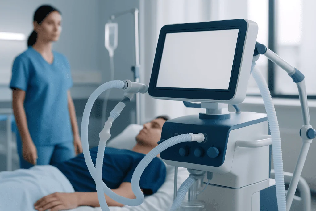 Medical ventilator machine in a hospital room with a patient and healthcare professional.