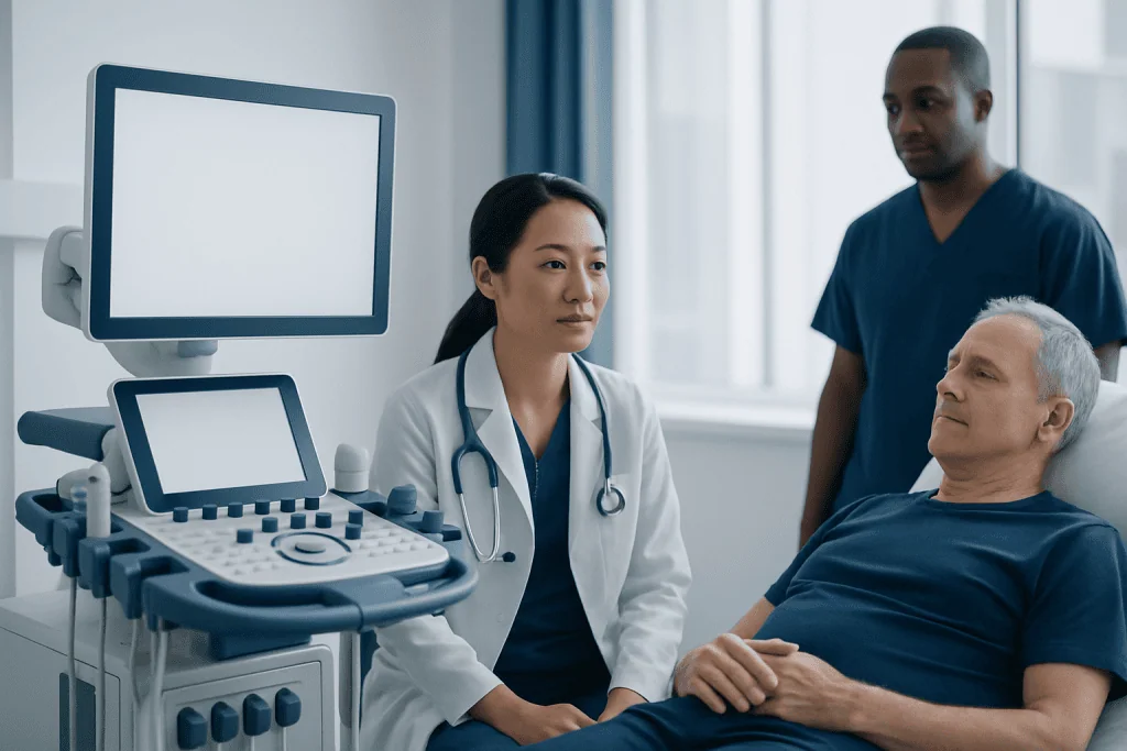Medical team discussing patient care in a hospital room with ultrasound equipment.