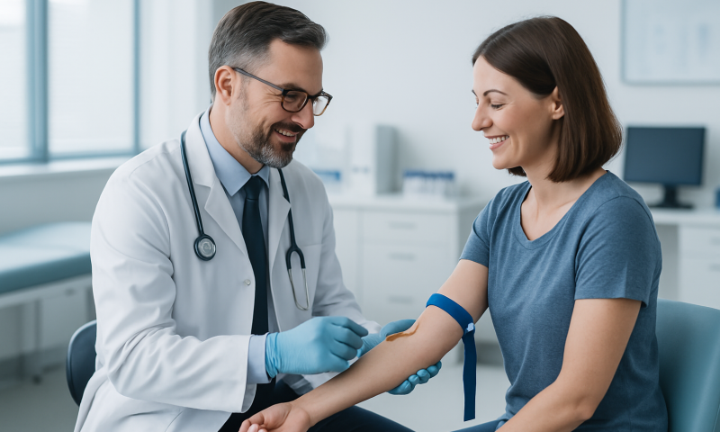 Doctor performing blood test on a smiling female patient in a clinical setting.