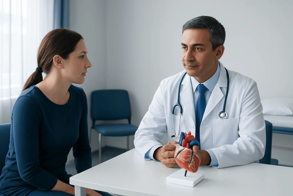 Doctor explaining heart health to a patient in a medical consultation room.