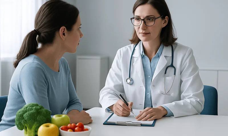 Doctor consulting with a patient about blood test results at Acibadem Hospital.