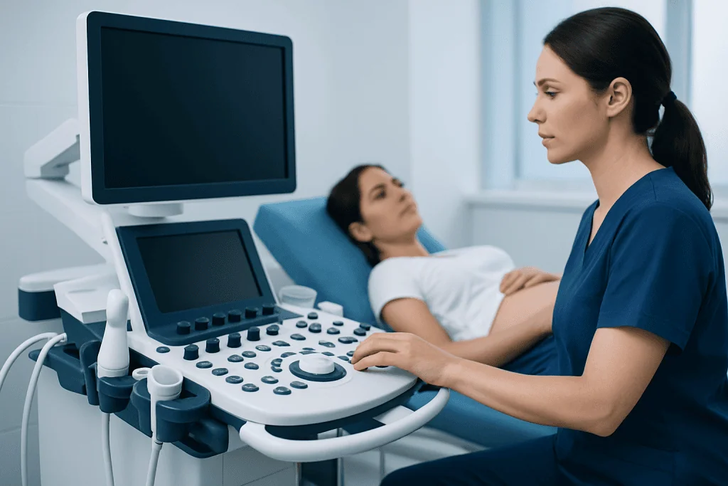 Medical professional performing an ultrasound on a patient in a hospital room.