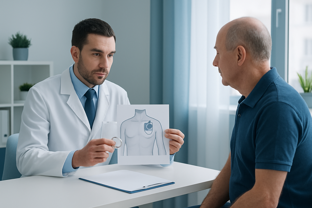 Doctor explaining implantable defibrillator to patient with diagram.