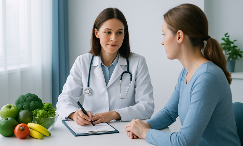 Doctor consulting with patient about iron levels and nutrition.