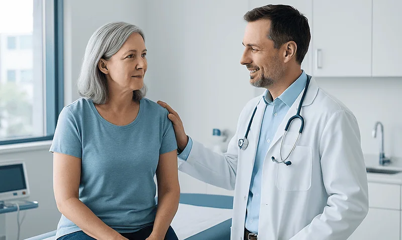 Doctor talking to an elderly woman in a medical consultation room.
