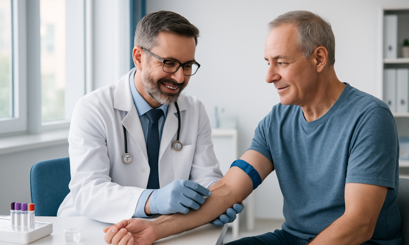 Doctor checking patient's blood pressure in a medical consultation.