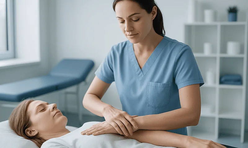 Nurse performing lymphatic drainage massage on patient in clinic.