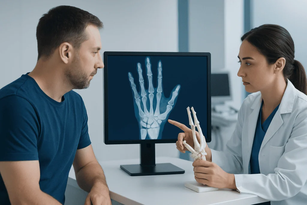 Doctor explaining hand bones to patient with X-ray image in background.