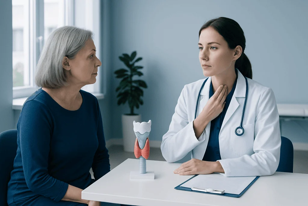 Doctor consulting with an elderly woman about thyroid health.
