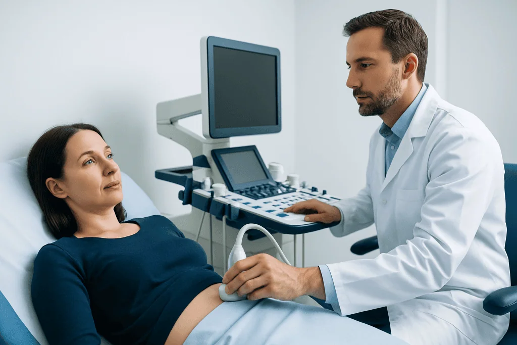 Doctor performing an ultrasound on a woman for spleen examination.