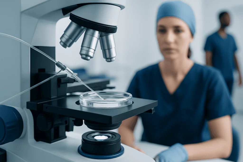 Laboratory technician working with a microscope and petri dish at Acibadem Hospitals Group.